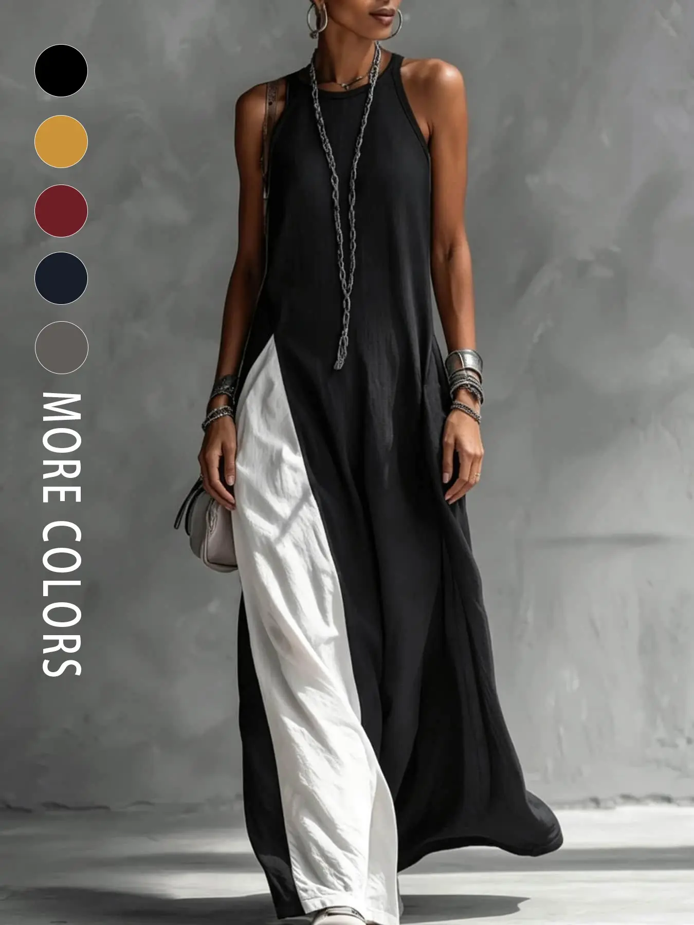 A fashionable and relaxed women's Casual Elegant Style color-blocking dress with sleeveless vest, draping and flesh-concealing long skirt, suitable for summer, beach vacation, exploring shops, attending exhibitions, dating, and enjoying afternoon tea.