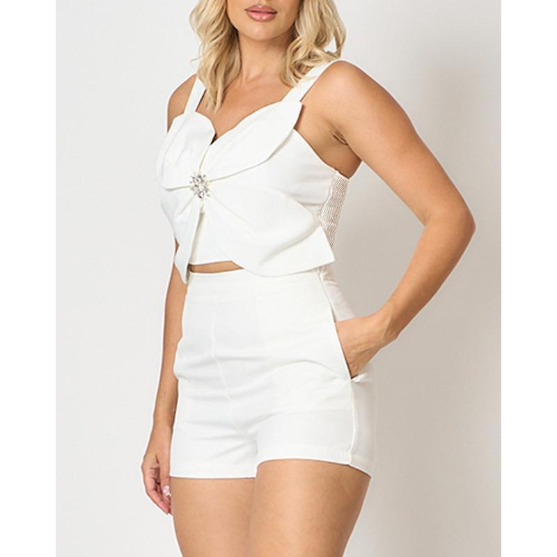 Women's 2 Pieces Outfit 3D Flower Thick Strap Crop Tank and Casual Pocket Design Shorts Set Minimalist Womenswear(gift)