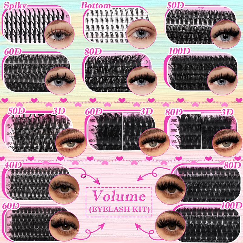 Lash Clusters Kit, Mega/ultra/Dramatic/Volume/Full/Spikes/ Bottom Lashes Clusters Kit WaterProof Lashwith Everything You Need for Beginners and Proficient, DlYat Home Easily, Soft comfortable Easy Apply Natural Lookfor Makeup Daily Life