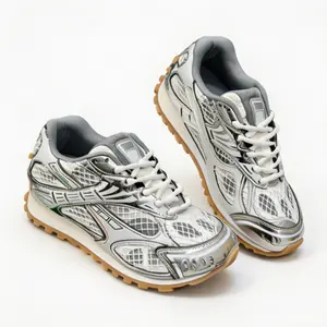 2026 new Silver Metallic Mesh Running Sneakers, Retro Reflective Casual Athletic Footwear