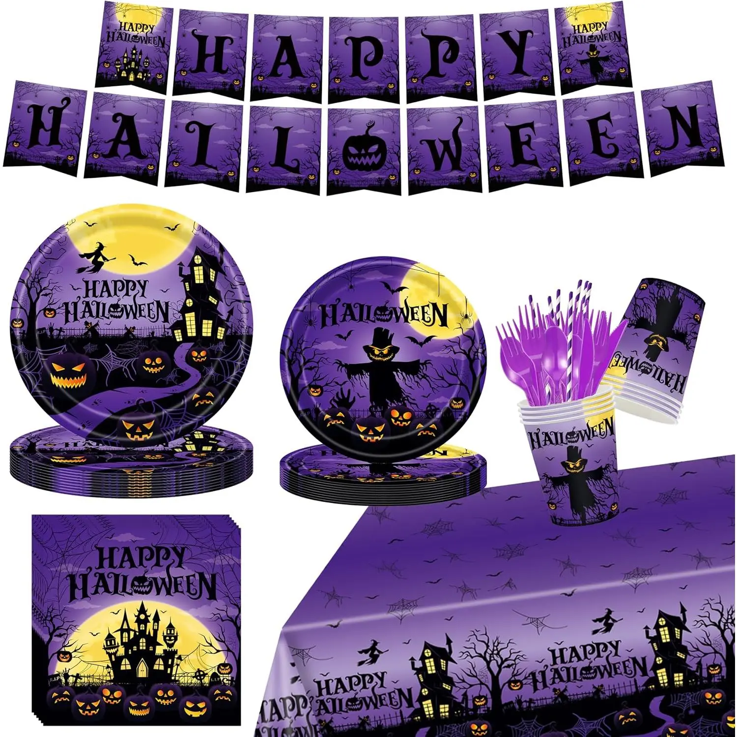 194 count Halloween Party Decorations, Happy Halloween Party Supplies with Banner Tablecloth Plates Cups, Disposable Tableware Set for Adults or , Serve 24