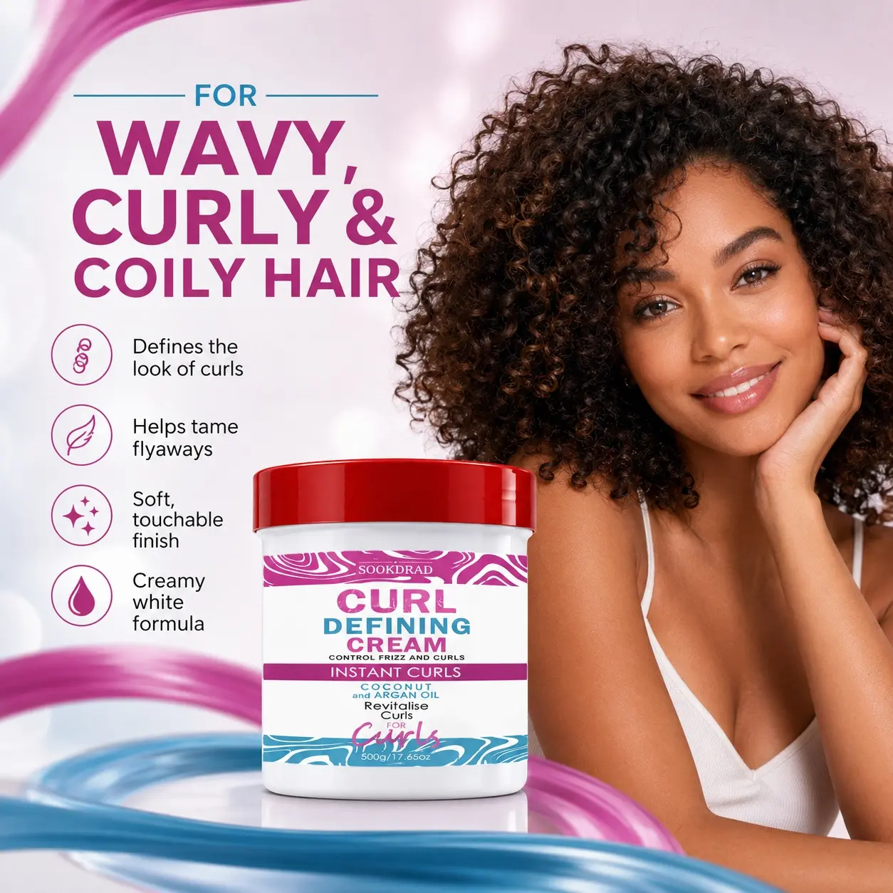 Curl Defining Cream, Coconut Argan Oil, Control Frizz, Instant Curls, Revitalise Curls, For Curly Hair, 500g/17.65oz