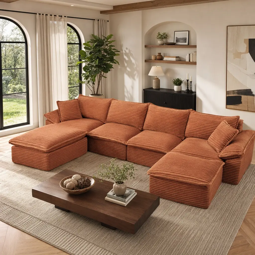 ARCH Oversized U-Shape Sectional Sofa 144in Corduroy Cloud Couch with Movable Ottoman 6-Seat Modern Comfy Cushion Back Pillow Top Arms Living Room Apartment Office Furniture Orange, Orange Color Options, Fabric/Foam Material, 6 Seat Seat Count