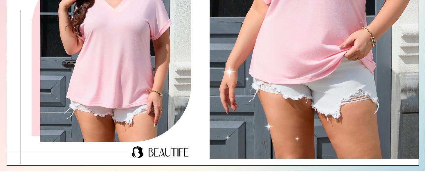 【XL-5XL】Imily Bela Curve Womens Plus Size V Neck T Shirts Short Sleeve Summer Dressy Casual Tunic Tops Loose Fit Tees Blouse