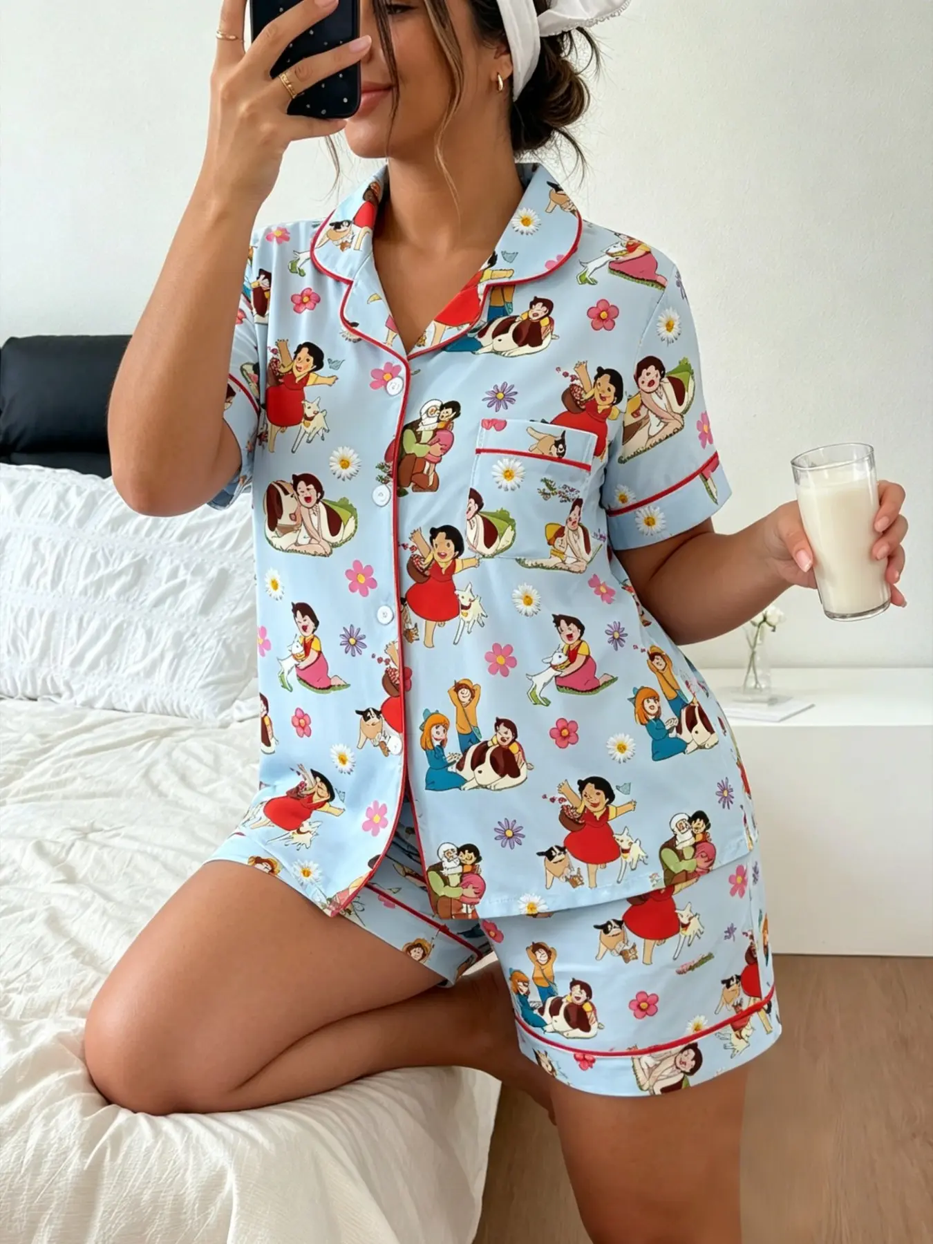 Vintage Country Girl Animal Flower Print Pajama Set, Blue Short Sleeve Open Front Sleepwear, Two-Piece Summer Nightgown, Sweet Retro Cartoon Pattern