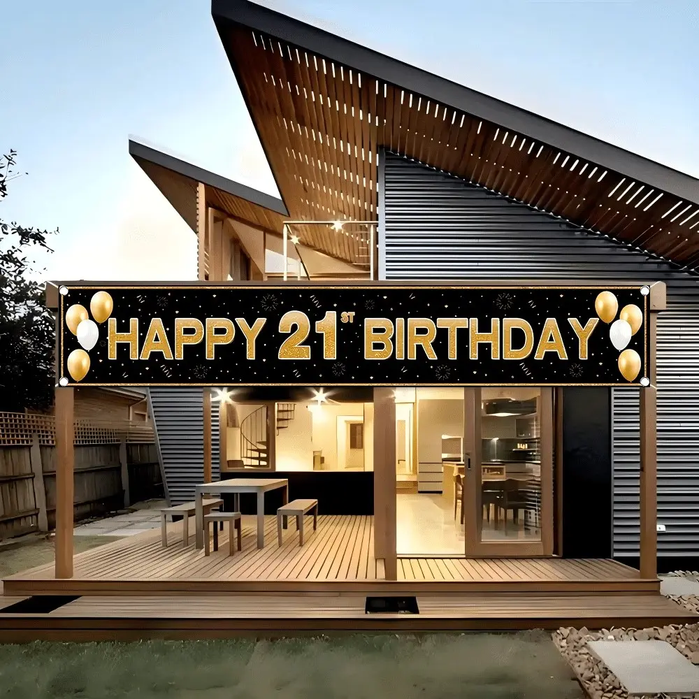 2D Flat and Gold Birthday Banner Flag, Perfect for Celebrations, Cake Table Decoration, Indoor Outdoor Use, Wall Porch Decor