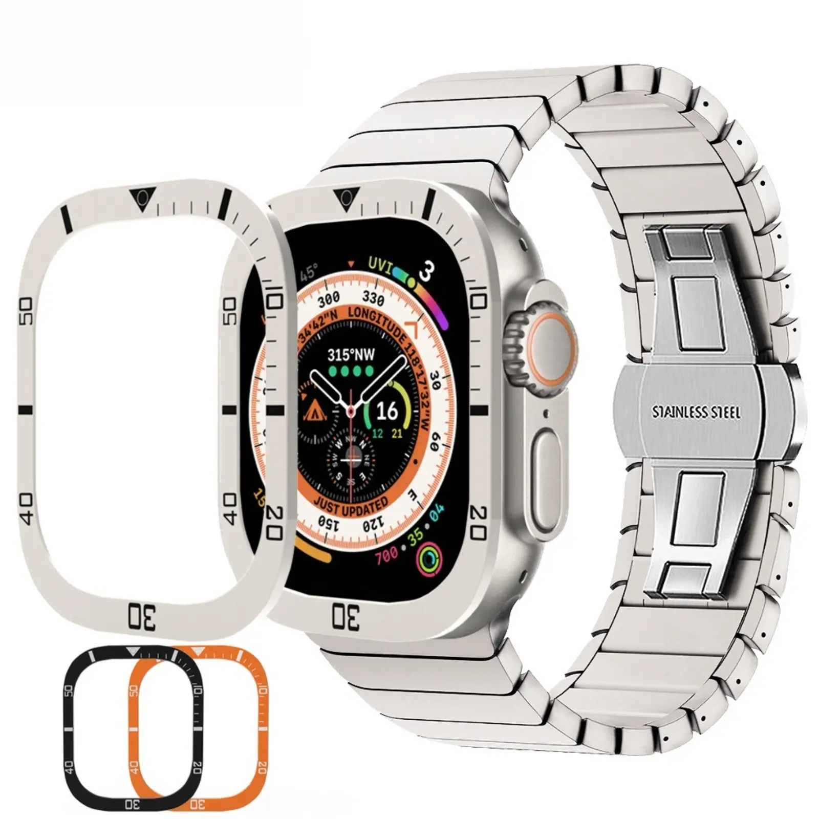 Metal Band with Bezel for Apple Watch Ultra 2 49mm Stainless Steel Strap Mod Kit Mechanical Ring Bezel Styling Cover Wristband for Men Business