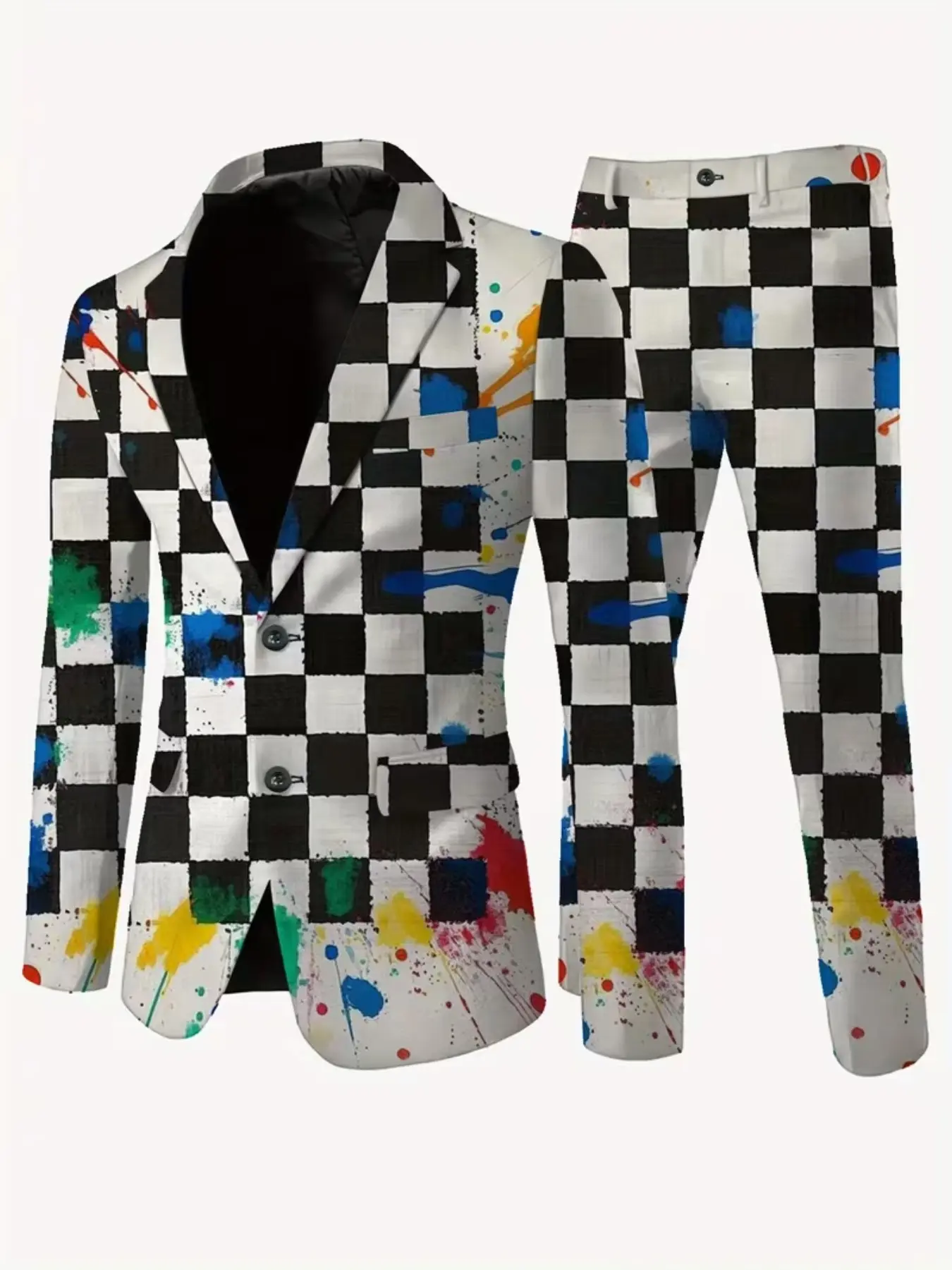 Men's Two-Piece Suit Set, Checkered Splatter Print, Slim-Fit Blazer and Pants, Casual Long Sleeve, All Seasons