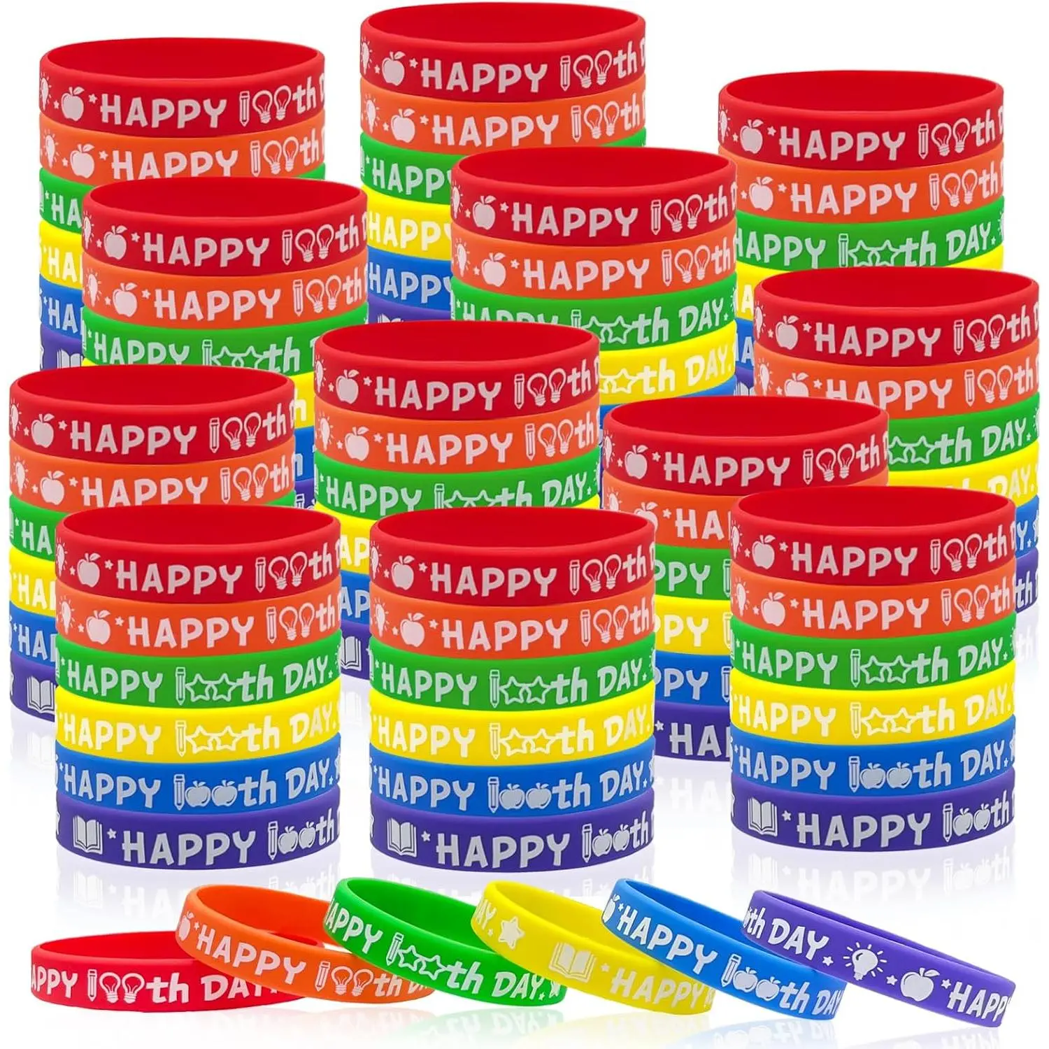 100 count 100th Day of School  Bracelets Wristbands Rubber Bracelets,Colorful Happy 100 Days of School Rubber Bracelets Accessories Rewards for Boy Girl School  Decor Student Rewards (100)