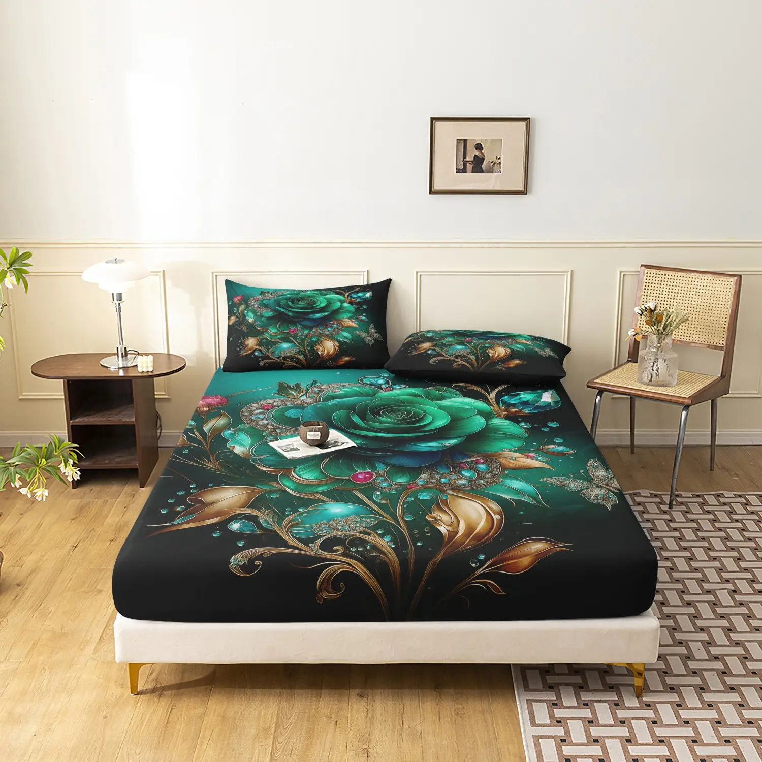 3 Pieces Luxury Emerald Green Gem Rose Fitted Sheet Set, Bed Linens, Golden Leaf Crystal Butterfly Floral Printed Bedding, For Bedroom Home Decoration, Multiple Sizes Available (1 Fitted Sheet + 2 Pillowcases, No Pillow)