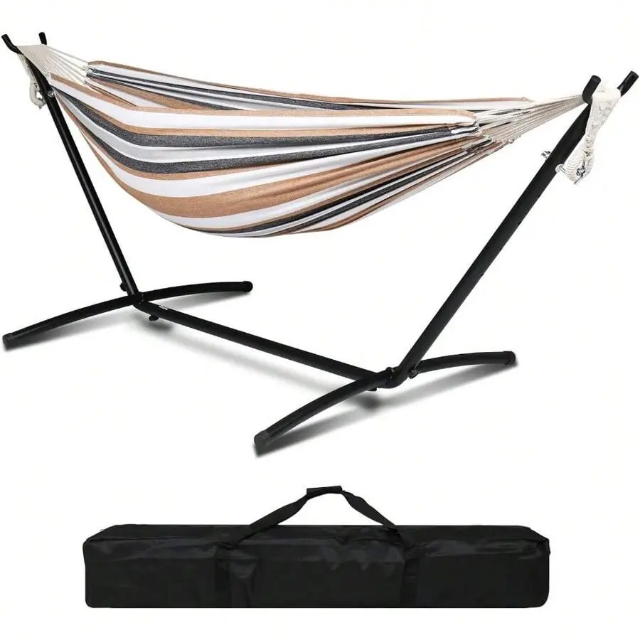 550 LB Capacity Double Hammock With Stand – Portable Bag Included (Desert Stripe)