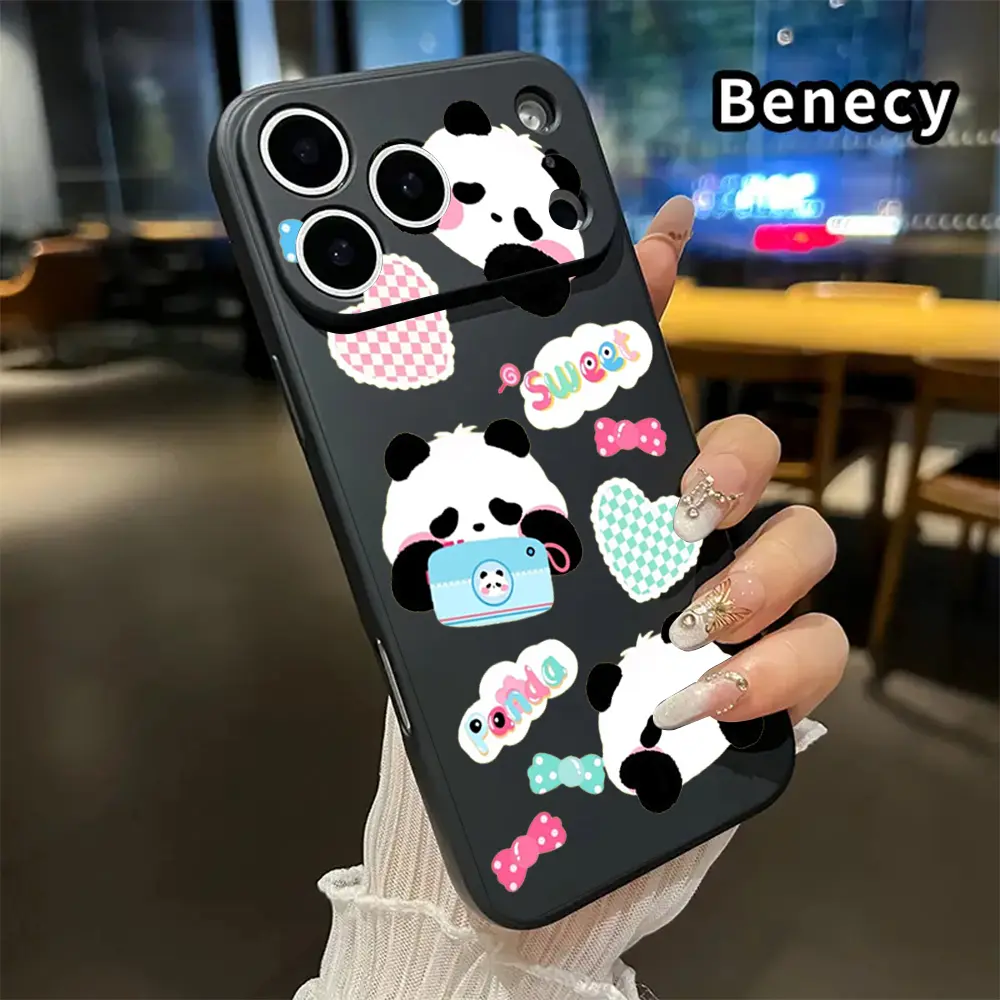Cute Sticker Style Cartoon Panda Sweet Letter Bow Shockproof Anti Drop Phone Case  For iPhone 17Air 16Pro Max 15 14 13 12 11Pro Plus Samsung Galaxy S21 S22 S23 S24 S25 S26 Plus Ultra FE tough shockproof anti-drop designer fashion stylish gift