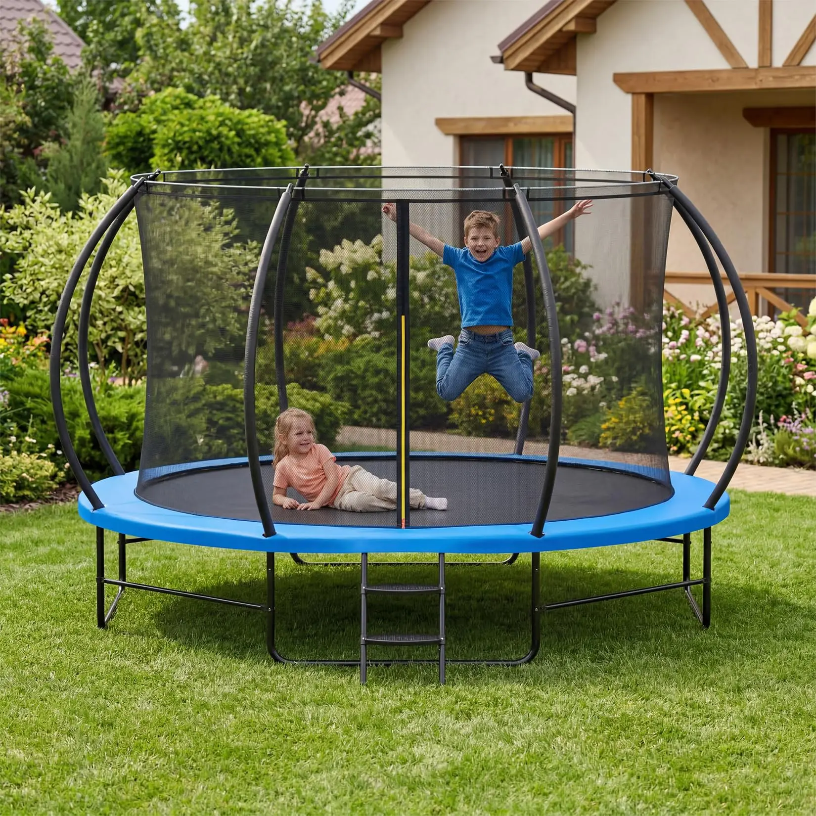 10FT Trampoline with Safety Enclosure Net – Heavy-Duty Outdoor Bouncer for Kids & Adults, Rust-Proof Steel Frame with Access Ladder, Backyard Fitness Equipment for Active Families