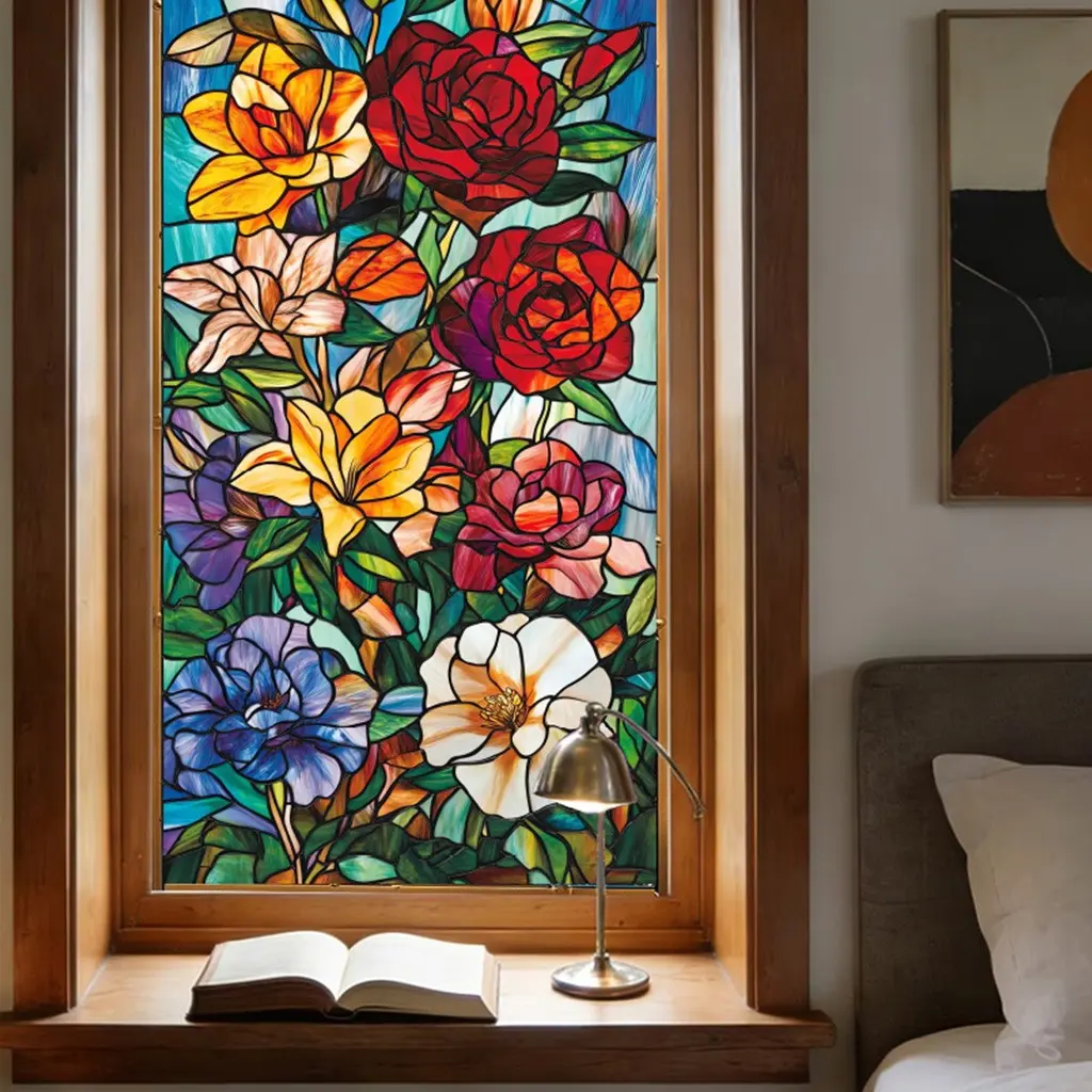 1pc artistic style with floral glaze, electrostatic adsorption and waterproof, Flower wall stickers, electrostatic stickers, suitable for home decoration, glass decoration, privacy decorative glass stickers, DIY electrostatic stickers