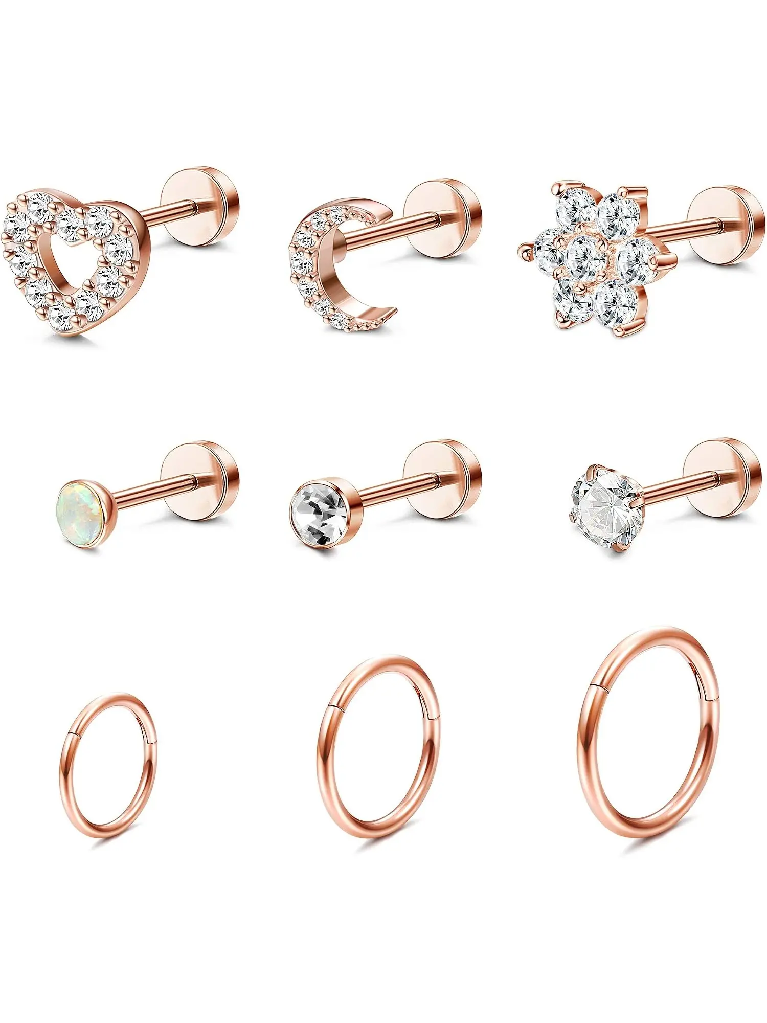 9Pcs Stainless Steel Piercing Earrings Set, CZ Barbell Stud & Small Hoops, Hypoallergenic Helix Cartilage Tragus Conch Piercing Jewelry, Ideal for Daily Wear, Party and Birthday Gift for Women Girls