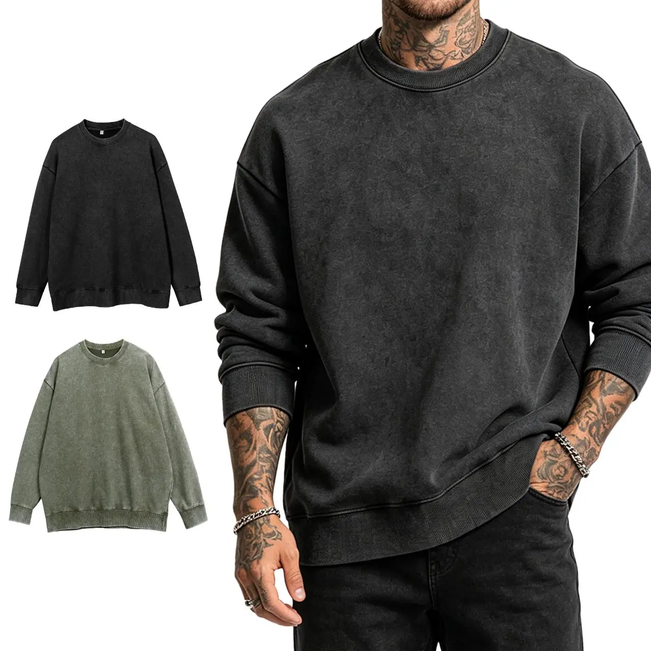 Men's Heavyweight Pullover Sweatshirt, Vintage Washed Streetwear with an Oversize Fit and Casual Crew Neck - 1 or 2 Pack, Unisex, Indoors, Round Neck, Grey