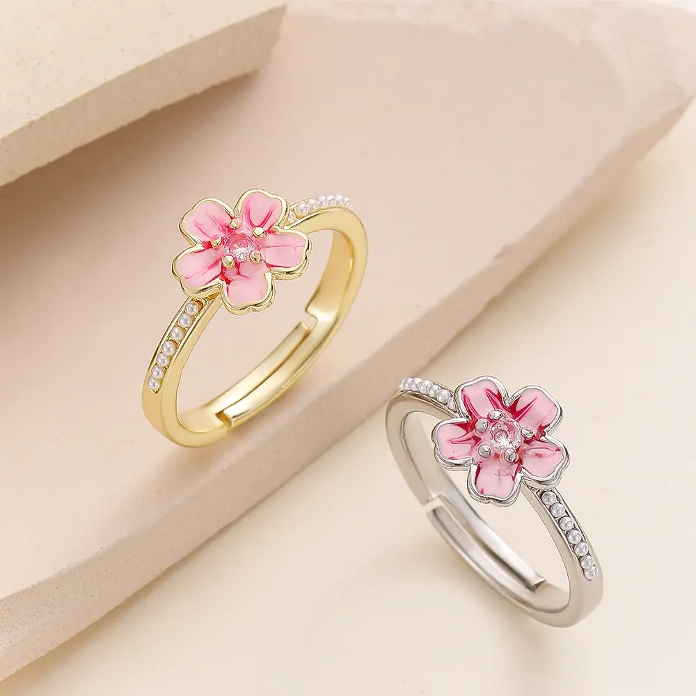 Enamel Cherry Blossom Flower Adjustable Open Ring, Statement Floral Stackable Ring for Women Daily Fashion Jewelry