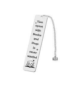 Cute Puppy Stainless Steel Bookmark - "Time Spent with Books & Dogs is Never Wasted" - with Open Book Charm - Heavy-Duty Metal Bookmark for Readers, Dog Lovers - Birthday, Christmas, Teacher Gifts - Pet Lover Present for Women & Men