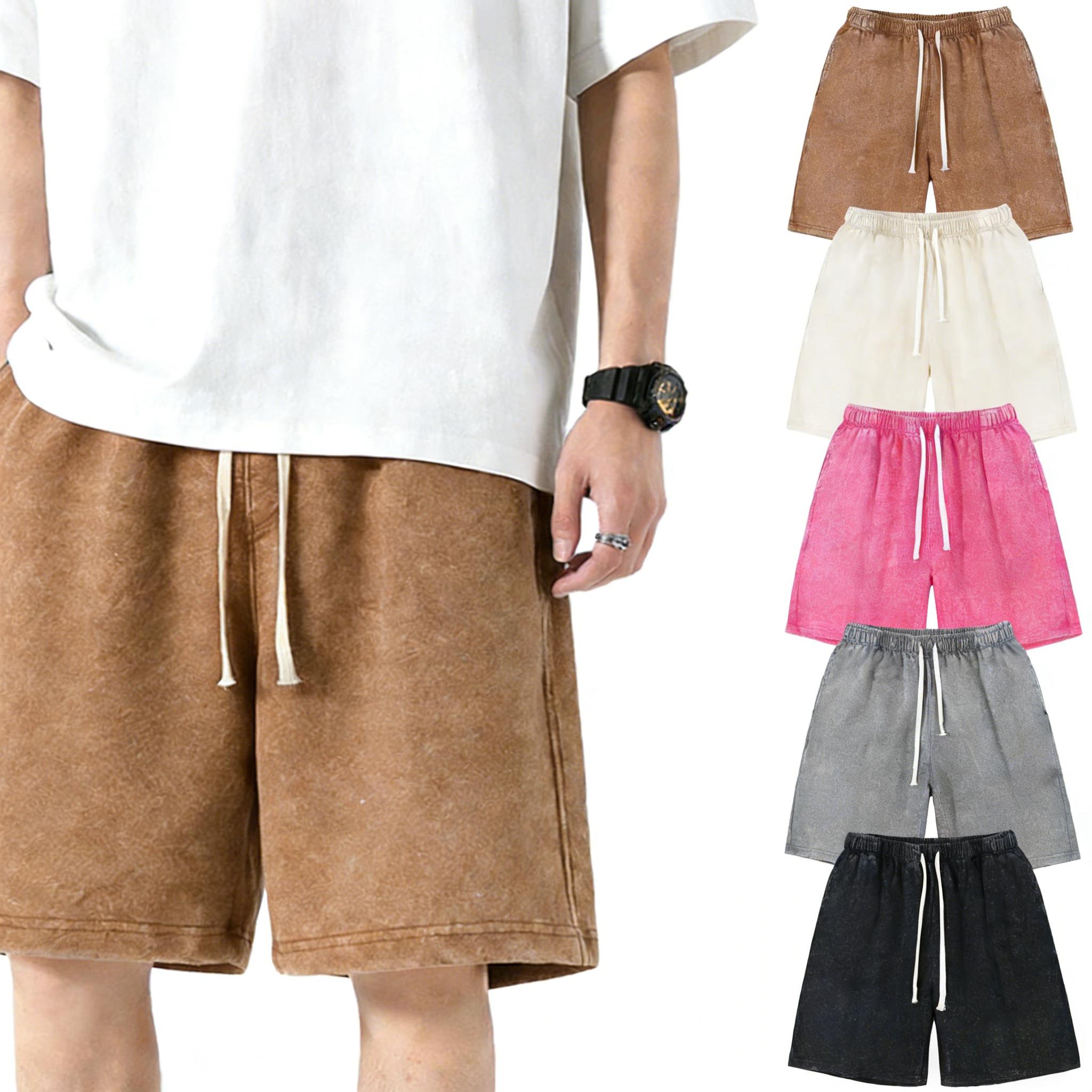 4PCS Summer  Men's Retro Washed Hip Hop Streetwear Shorts Unisex Sweatshorts Elastic Loose Fit Jogger Shorts Oversize Beige Casual