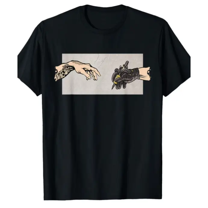 Oversized Comfort Cotton Graphic Tee, SummerVibes,Tattoo Machine Creation of Adam Parody Fashion Outfit, Tattoo Artist Streetwear Casual Shirt, Ideal Valentine Holiday Present For Him Her Tattoo Artists Ink Fans
