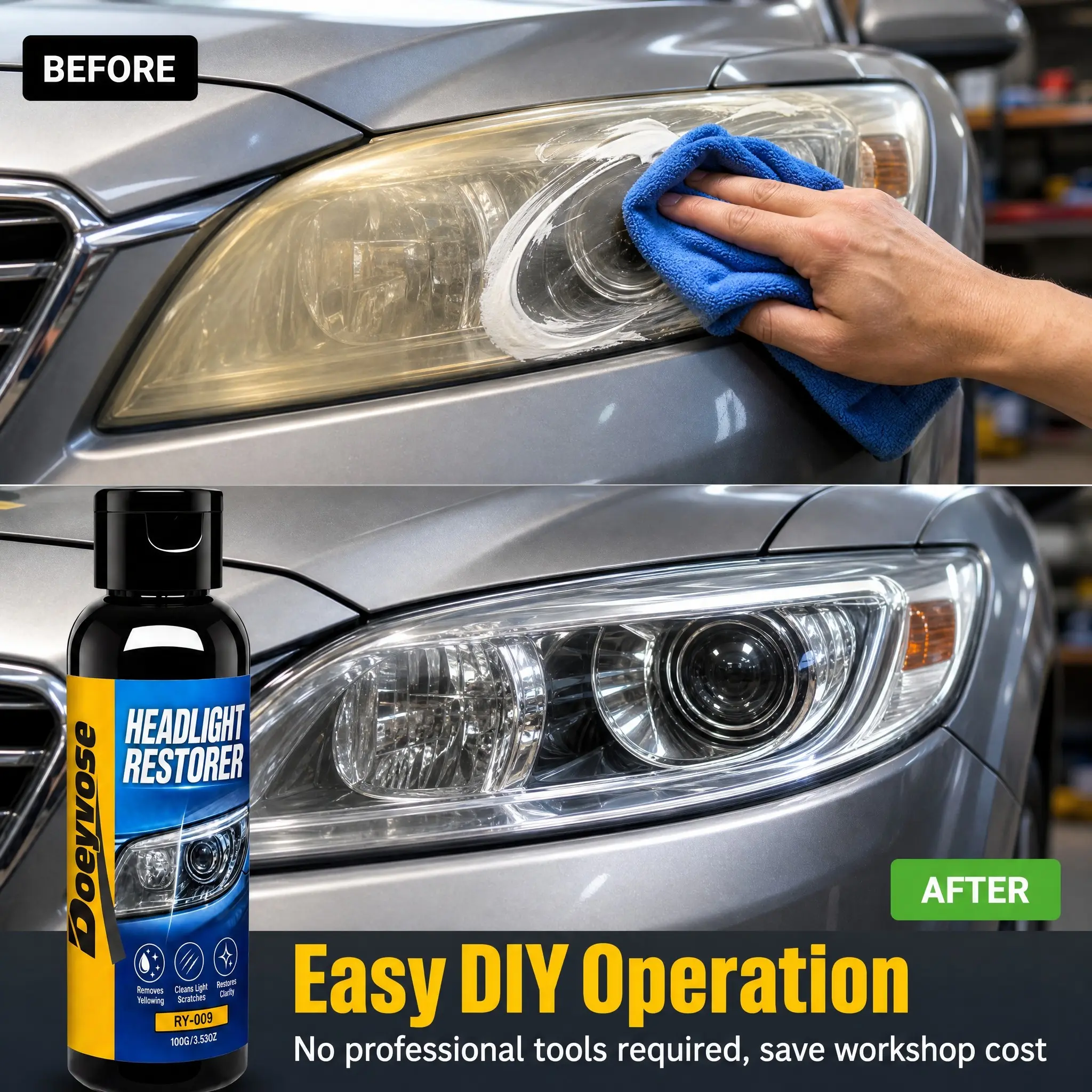 Car Headlight Restoration Agent, Fixes Yellowing, Removes Yellow Spots, Oxidation, Blurriness, DIY Operation, Enhances Night Vision, Clarity, Durable Protective Layer