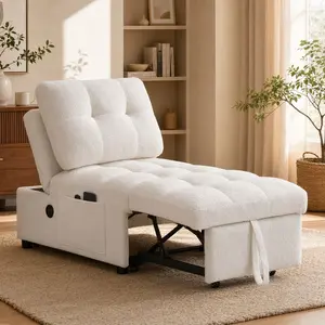 Armless Convertible Sofa Bed - Teddy Fabric White Modern Upholstered Futon Sleeper with USB Charging, Side Pockets, Adjustable Backrest, 58.55 lb, for Small Apartment Living Room, Comfy Couch, Study