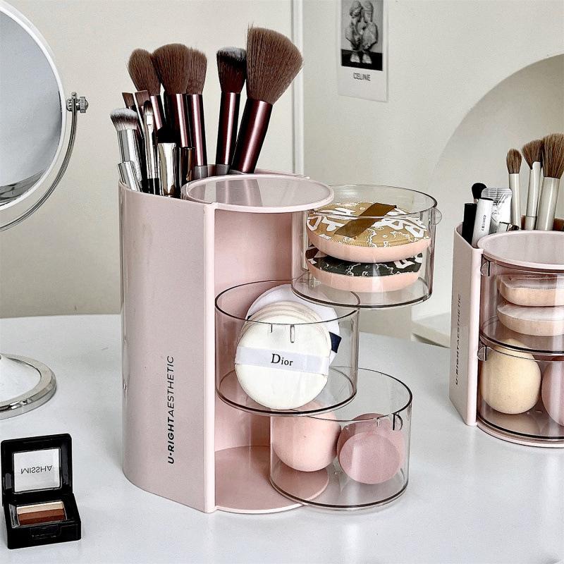 360° Rotating Makeup Storage Box with Transparent Drawers and Brush Holder - Automatic Rotating Acrylic Makeup Organizer, Large Capacity Skincare Organizer with Compartments