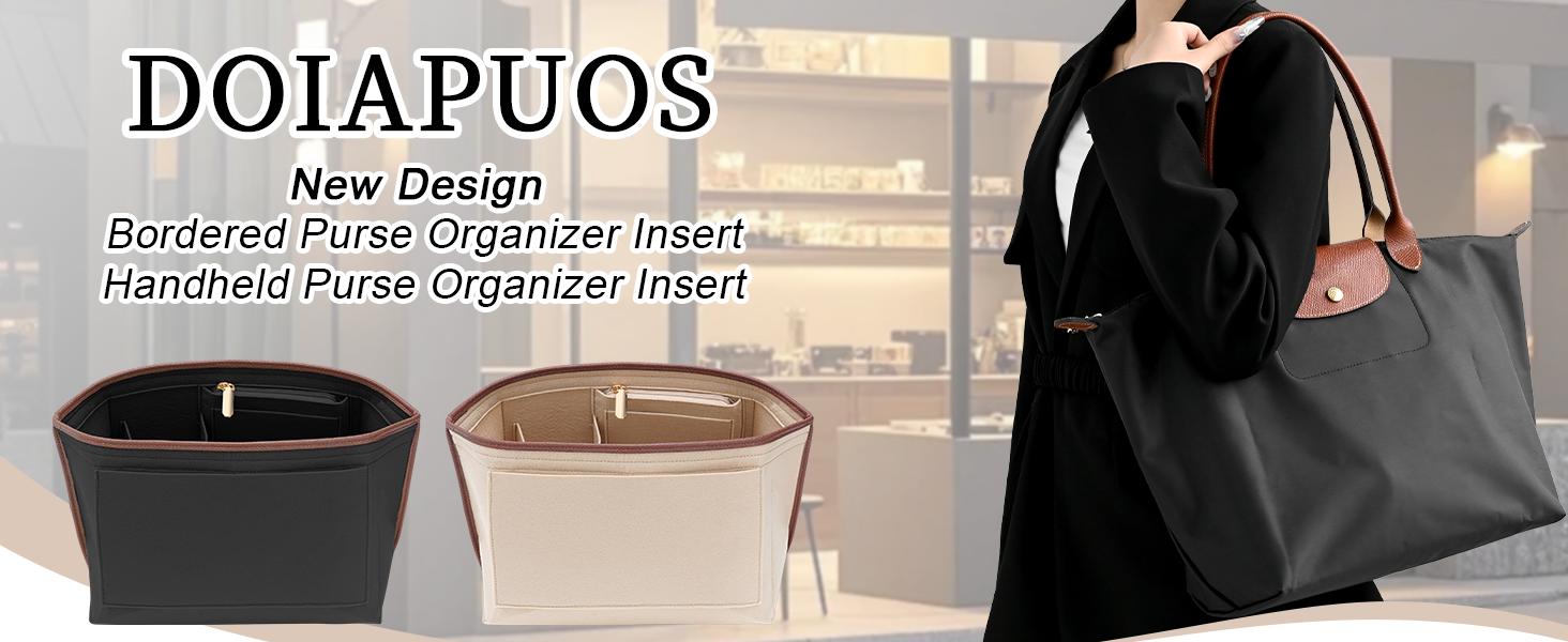 Felt Purse Organizer Insert for Longchamp Le Pliage Bag, Handbag Leather edge Longchamp Organizer Insert with Cup Holder Tote Organize(Black, Large)