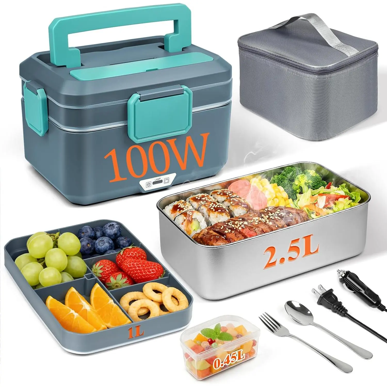 Electric Lunch Box for Adults  Drivers,100W 3.5L 2-Layer 2.5L+1L   Warmer,Detachable 304 Stainless Steel Liner,12V/24V/110V Lonchera Eléctrica with Cutlery & Insulated Bag (Grey)