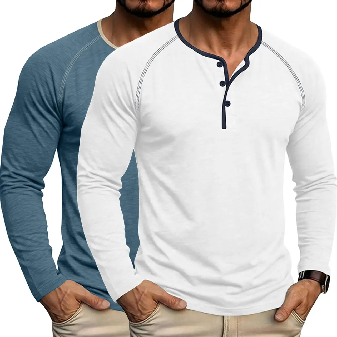 Men's Casual Long Sleeve Henley Top, Relaxed-Fit Plain Pullover with Button Placket, 1 or 2 Pack for Everyday Wear, Tshirt, Menswear, Medium Length