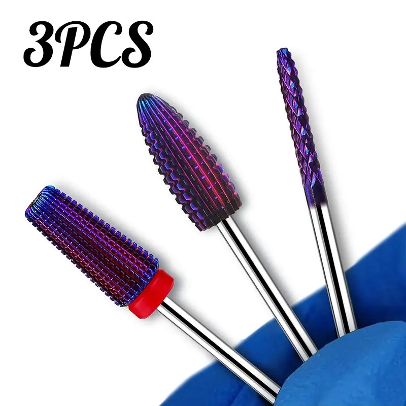 Kit-3PCS 5in1Purple Professional Tungsten Carbide Nail Drill Bit，Tornado Nail Cuticle Bit, for Acrylic/Gel Nails, Acrylic Nail Supplies, Home Salon & Nail Art Tools, Nail Design Tools
