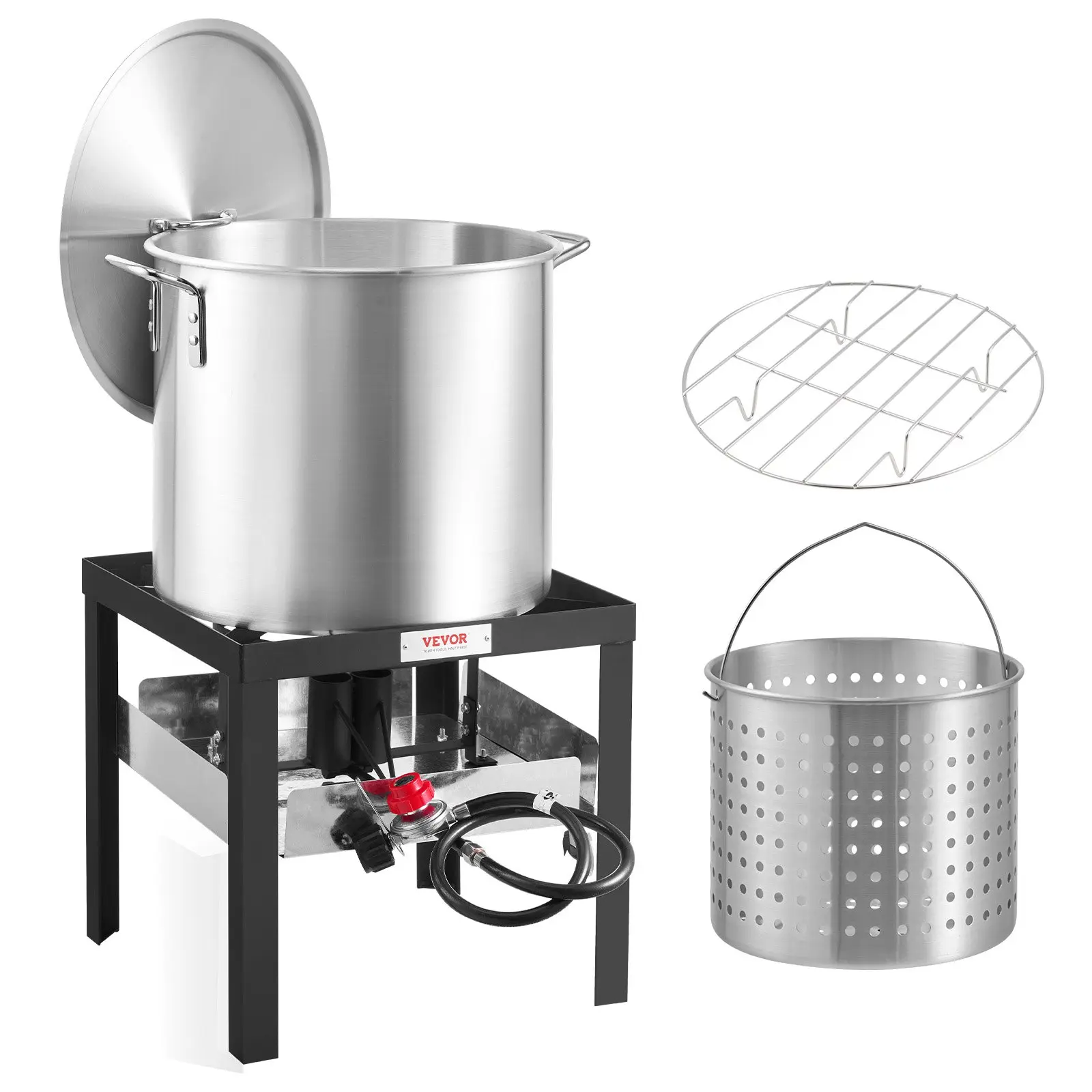 VEVOR 100 Qt (93.75L) Multi-Use Seafood Boiling Kit, Outdoor Aluminum Stockpot with Strainer Basket, Steamer Rack, 100000 BTUs Propane Burner for Crab Crawfish Lobster Cooking, Camping Tool Set