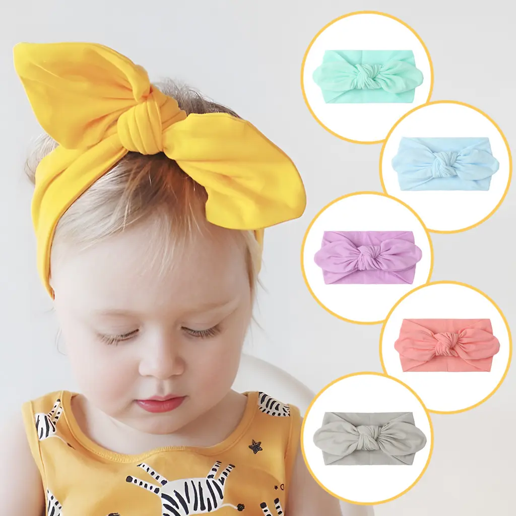 Soft Nylon Turban Headbands with Bows, Solid Color Baby Head Wrap for Newborn & Infant Girls, Elastic Photography Props, Newborn Headband Bows, Stretchy Headbands