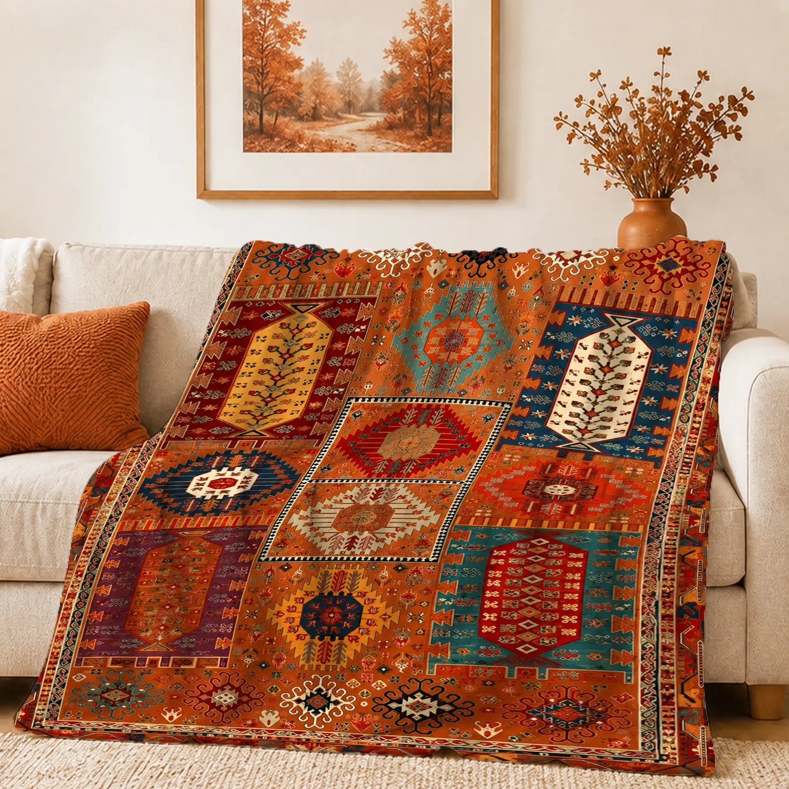 1pc Geometric Floral Pattern Blanket, Vibrant Bohemian Style, Intricate Multi-Colored Design with Decorative Borders, for Living Room Bedroom Home Decor and Cozy Gatherings, Woven Throw Blanket