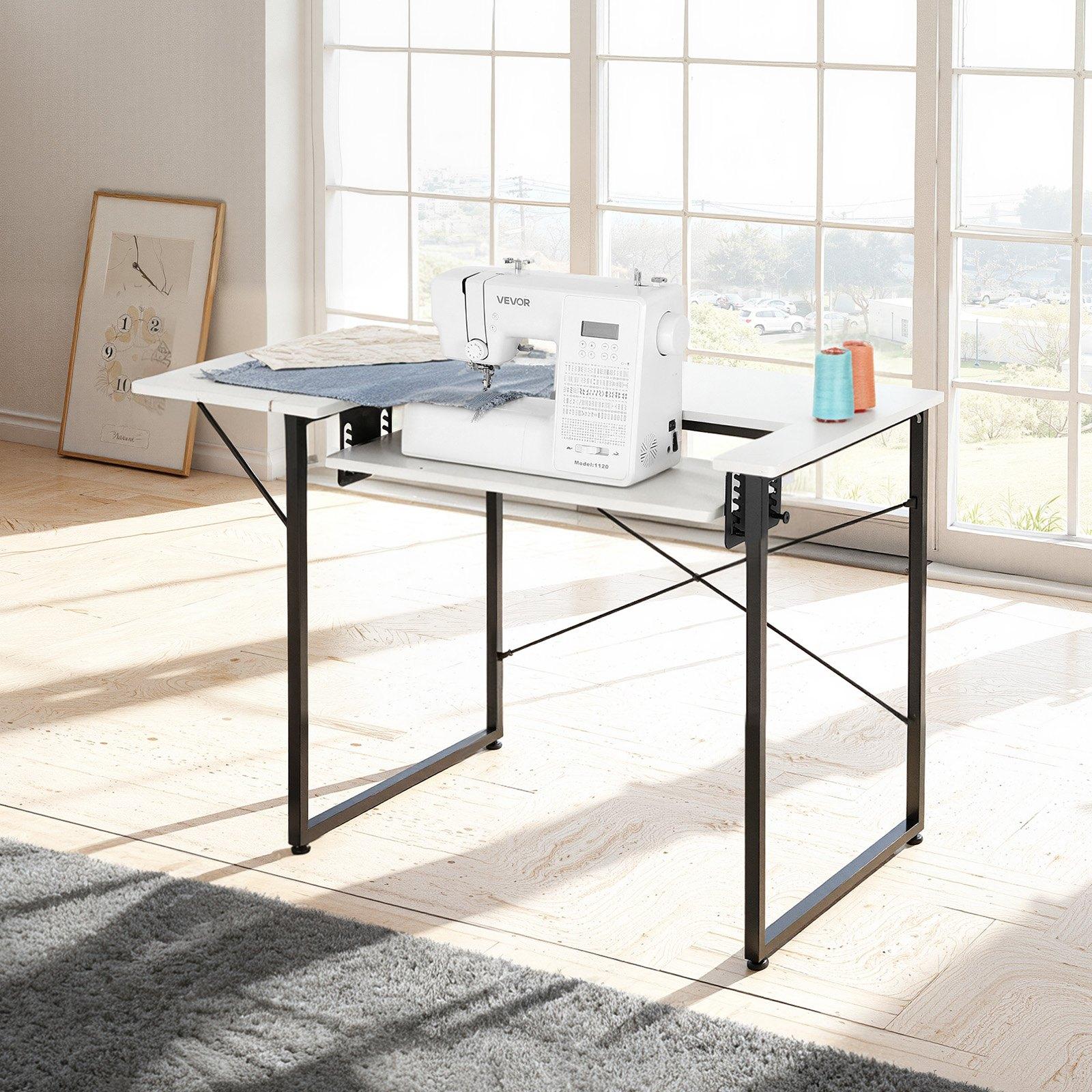 VEVOR Sewing Table, Multipurpose Sewing Machine Table with Foldable Side Shelf, Adjustable Shelf, Steel Legs, Computer Desk for Home, Fashion Studio, Art Studio, Educational Institution, White