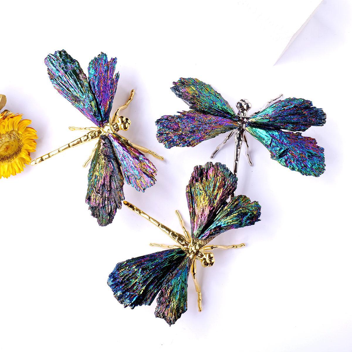 Natural Crystal Stone Electroplating Colorful Tourmaline Flame Feather, 1 Count DIY Dragonfly Animal Divination Decoration, Home Decoration, Crystal Butterfly