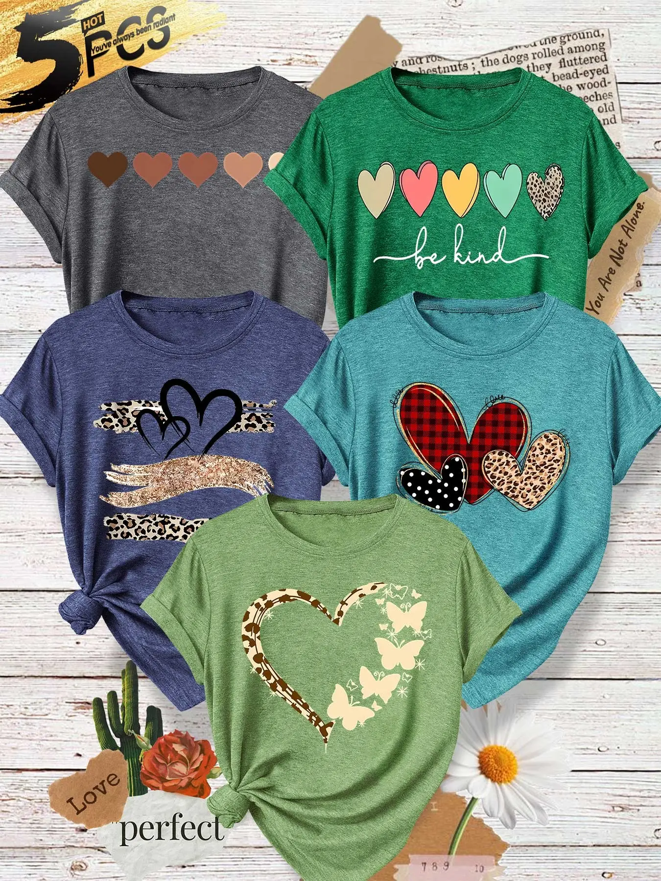Five-Piece Women's Round Neck T-Shirts, Glitter Heart Print, Soft Fabric, Spring Summer Top, Fashion Design