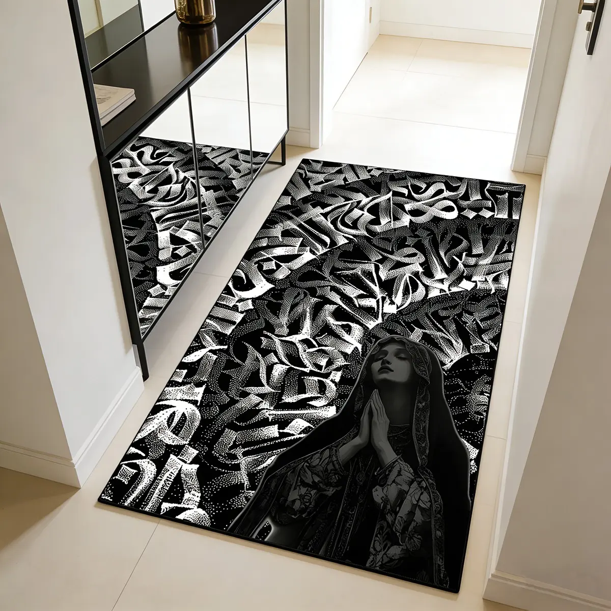 Gothic Prayer Virgin Mary Carpet, Chicano Graffiti Dark Style Bedroom Living Room Decor Mat, American Street Graffiti Rug, Home Decor Rugs, Decorative Rug, Anti-Slip Art Pad