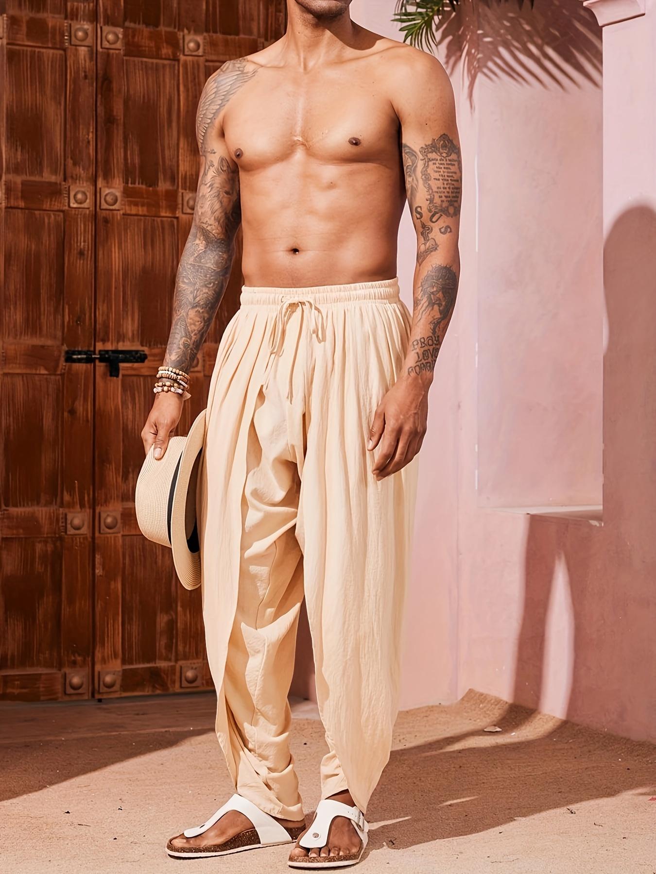 Men's Linen Harem Pants Casual Elastic Waist Pants Loose Bohemian Yoga Hippie Summer Beach Kurta Dhoti Pants Menswear Trouser