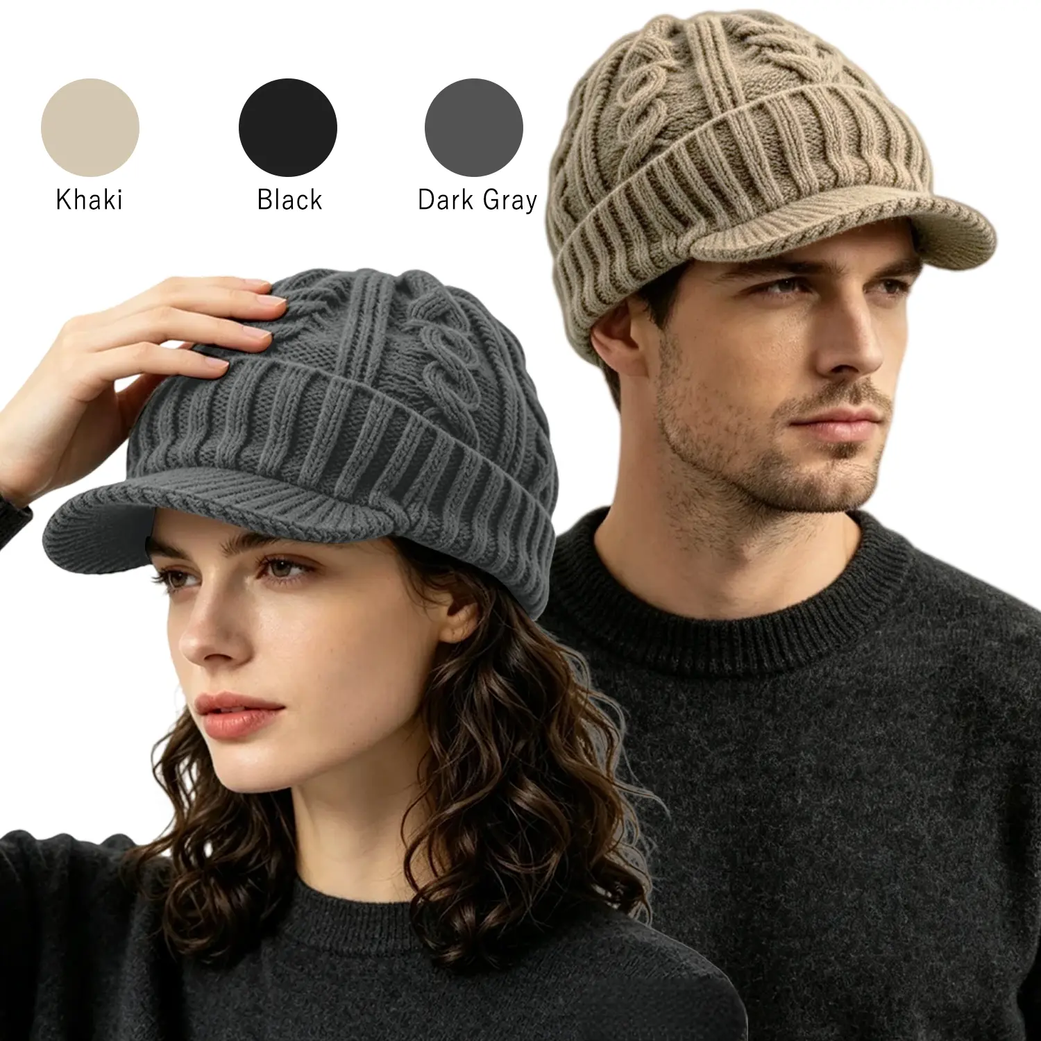 Women Men Winter Beanie Hat with Visor, Warm Fleece Lined Beanie Cap, Thick Knit Cap Slouchy Hat with Brim for Female Casual Outdoor Sports,  Christmas Gift