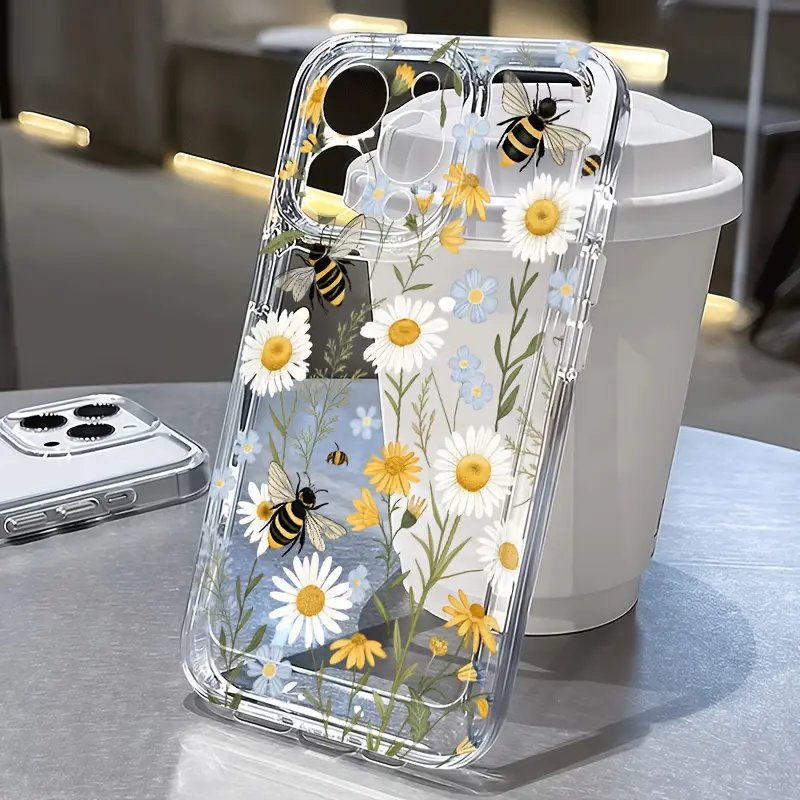 Transparent TPU phone case with bee flower countryside pattern, suitable for 4 seasons, suitable for iPhone 17/16/15/14/13/12/11/Plus/Pro/ProMax/Air/X/XS MAX and Samsung, birthday gift, holiday gift, Valentine's Day gift