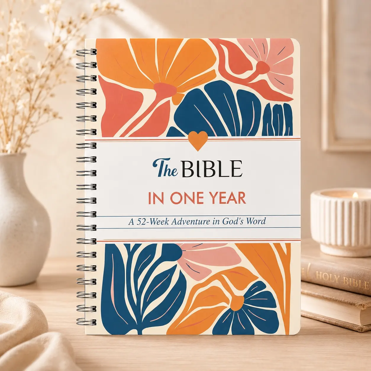 The Bible in One Year Spiral Notebook, 52 Week Bible Study Journal, Floral Christian Planner, Scripture Reflection Notebook for Daily Devotion, Prayer Notes, Gift, Devotional Journal