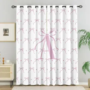 2 Panels Coquette White Pink Bow Initial A-Z Printed Curtains, Light Darkening Curtains, Thermal Insulation & Privacy Protection,Perfect for Girls Teens Bedroom, Dorm, Living Room, All Season
