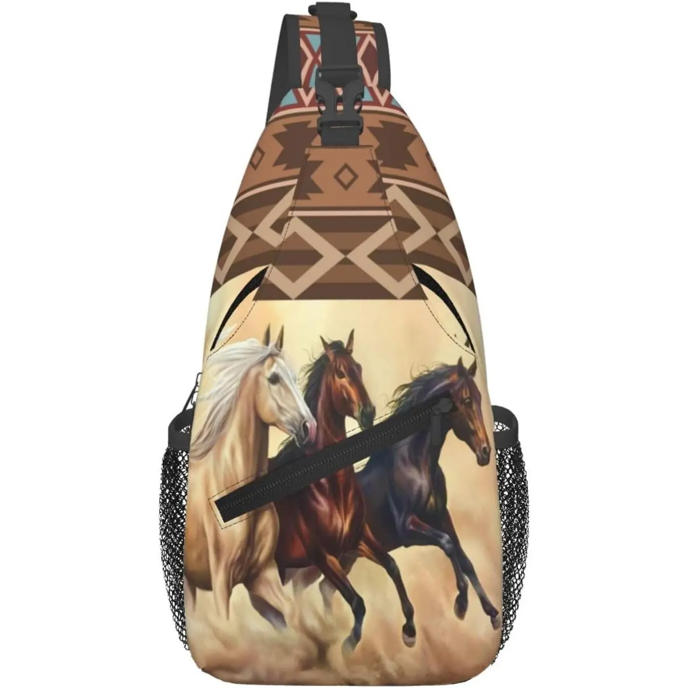 Horse  Crossbody Sling Bag for Women Men Aztec Ethnic Style Three Horses Run in Desert Sandstorm Sling Backpack  Chest   Pack Casual Travel Hiking  Daypack