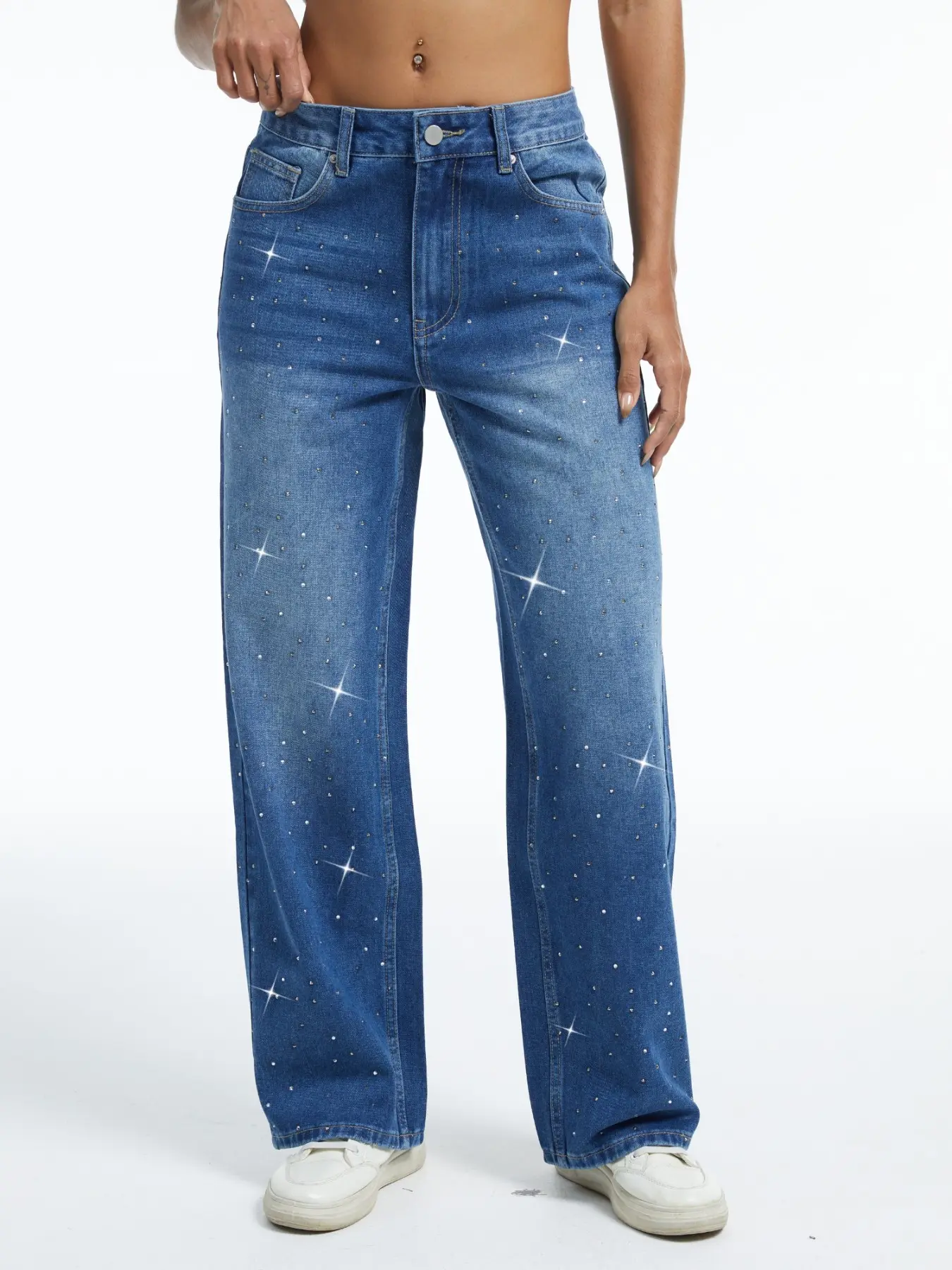 Wanduyini Womens Rhinestone Straight Wide Leg Button Jeans Vintage Wash Sparkling Baggy Denim Pants Bottoms for Party Music Festival