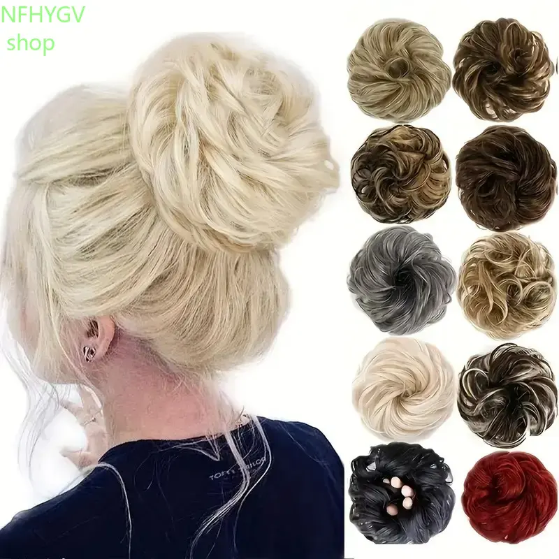 Solid-Color Wavy Messy Hair Bun, 6-Inch Synthetic Hairpiece With Soft Texture, Voluminous Elastic Scrunchie Hair Extension for Everyday Wear