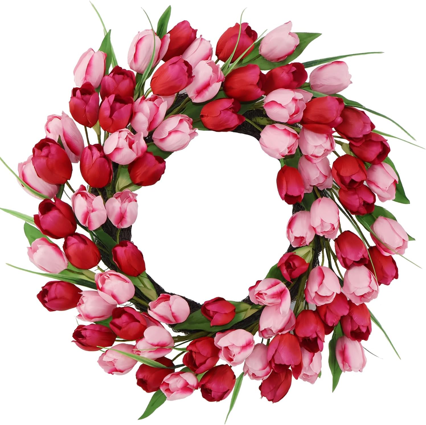 18-20 Inch Valentines Day Wreath – Pink & Red 72pcs Silk Tulip Valentines Door Decor, Outdoor Valentine Wreaths for Front Door Decorations, Romantic Spring