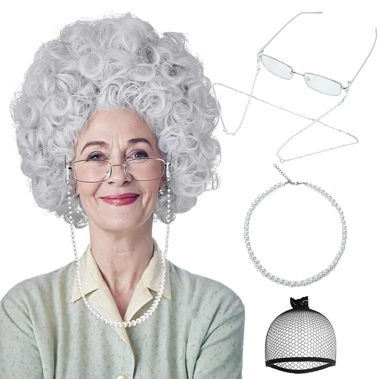 Old Lady Wig for Women, 5 count Set  Grey Grandma Granny  Wig for 100 Days of School and Halloween Costumes Party