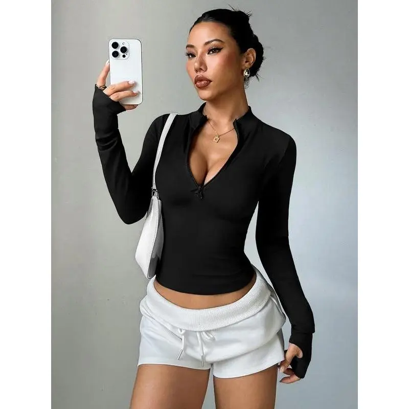 Women's Half-Zip Thumb Hole Sports Jacket, High Elastic Breathable Comfort Fashion Yoga Top, Stand Collar Outerwear Sportswear, High Elasticity Jacket