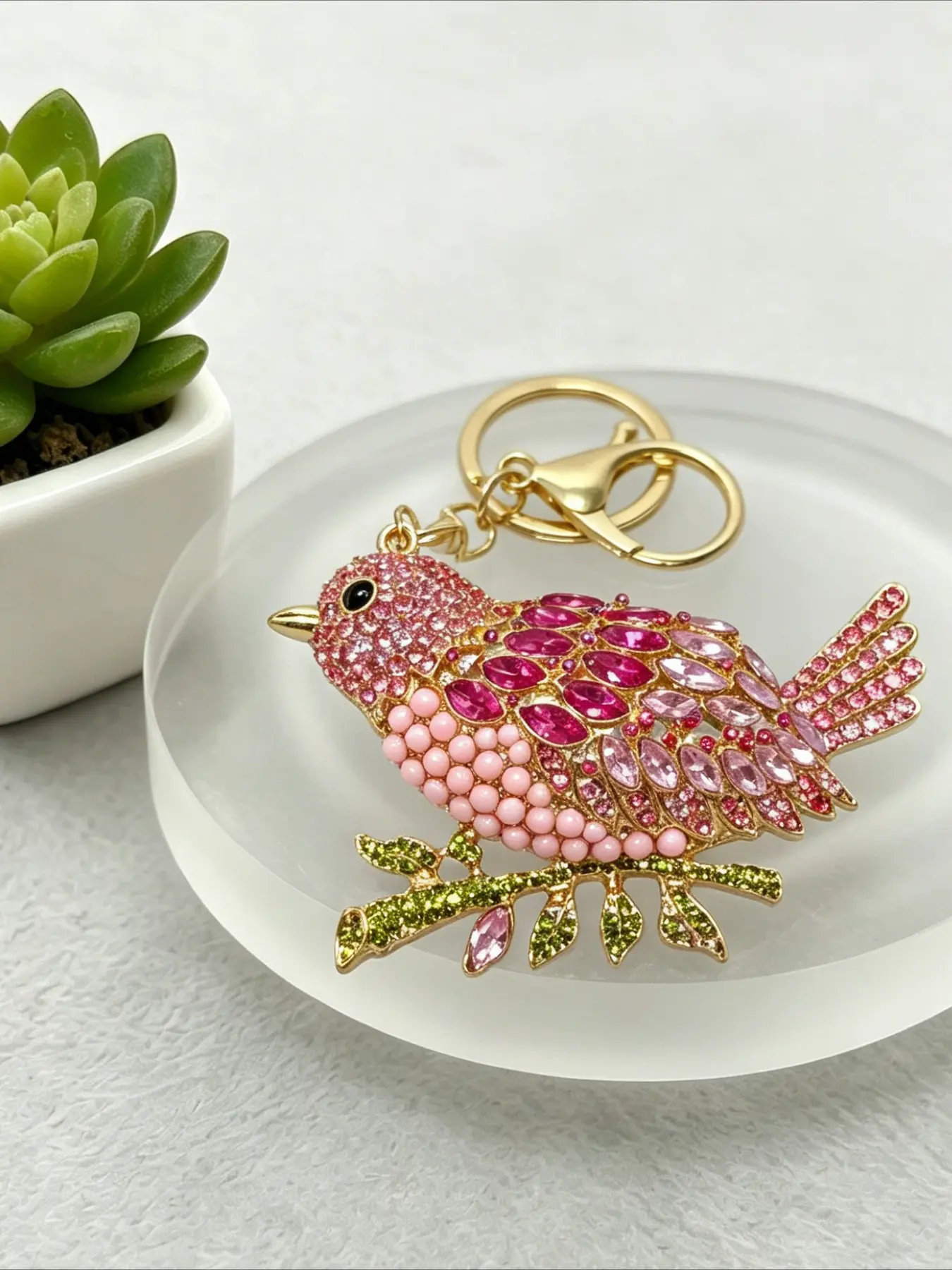 1Pc Cute Bird on Branch Keychain Rhinestone Key Ring Pendant Fashion Charm for Daily Decor